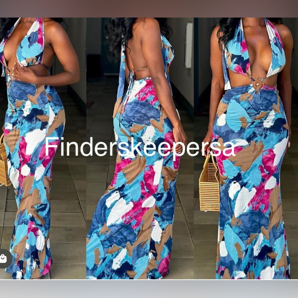 Sale Blue Black Pink Maxi Multi Print Dress Medium Black Blue White Pink